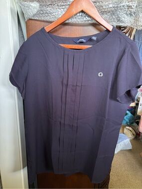 Lands' End Women's Navy Pleated Short Sleeve Blouse